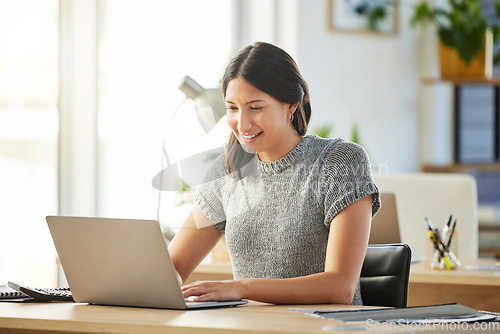 Image of Laptop, business and woman typing, accountant and working on internet project in office workplace. Auditor, computer and happy female professional writing email, report or research for bookkeeping.