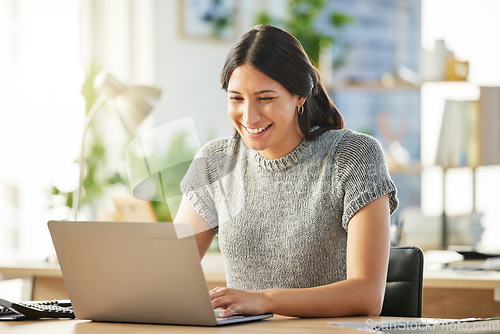 Image of Business, laptop and woman typing, auditor and working on internet project in office workplace. Accountant, computer and happy female professional writing email, report or research for bookkeeping.