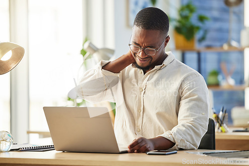 Image of African business man, neck pain and laptop with burnout, stress and muscle injury at desk in web design job. Developer, black businessman and entrepreneur with computer with fatigue in modern office