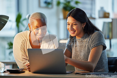Image of Laptop, teaching or manager coaching a black woman for advice, leadership or research at night in office. Learn, smile or boss helping, training or speaking of digital or online business to employee