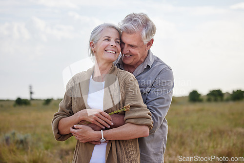 Image of Love, hug and smile with old couple in nature for bonding, happy and romance. Happiness, retirement and support with senior man and woman in countryside for affectionate, holiday and vacation