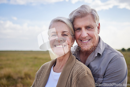 Image of Love, hug and happy with portrait of old couple in nature for bonding, smile and romance. Calm, retirement and support with senior man and woman in countryside for affectionate, holiday and vacation