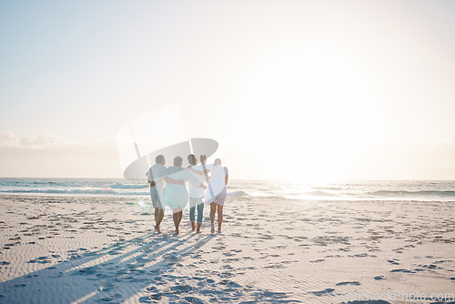 Image of Big family, hug and walking on beach with mockup space for holiday, weekend or vacation. Grandparents, parents and kids on a ocean walk together by the coast for fun bonding or quality time in nature