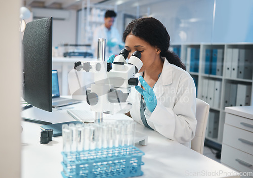 Image of Science, investigation and microscope with a woman at work in a laboratory for research or innovation. Healthcare, medical and development with a female scientist working in a lab for pharmaceuticals