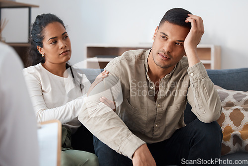 Image of Couple on couch, therapy and marriage counselling, support and love for relationship advice together. Stress, man and woman with therapist in conversation, healthy communication and healing with help