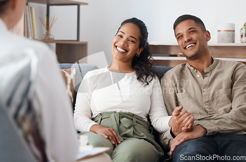 Image of Happy couple on sofa, therapy and marriage counselling, support and love with relationship advice together. Smile, man and woman with therapist in conversation, healthy communication and healing help