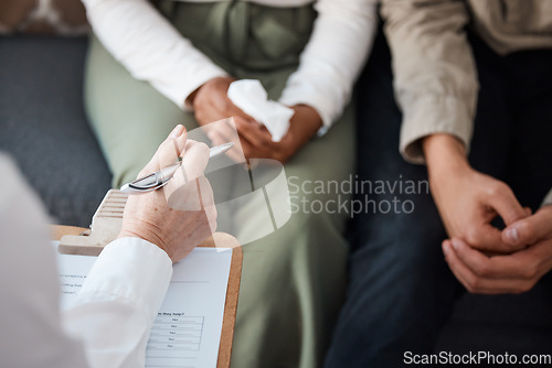 Image of Hands of couple, therapist with pen and counselling for support, advice and help in relationship together. Closeup of hand of man, woman and psychologist, communication and healing marriage therapy.