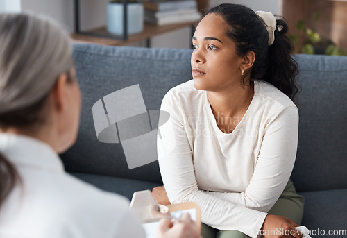 Image of Thinking psychologist, therapy and woman in consultation for mental health on sofa. Therapist, psychology and female patient consulting, counseling and discussion for depression, memory and problem.