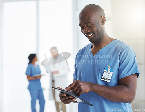 Image of Smile, black man and nurse with tablet in hospital for research, telehealth or healthcare. Technology, medical professional and African male doctor with touchscreen, wellness app and internet email.