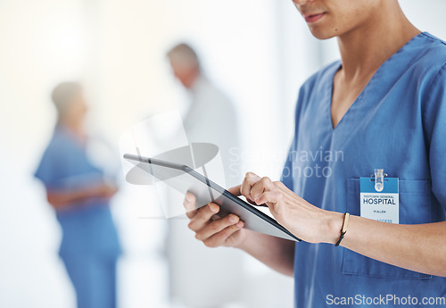 Image of Man, hands and nurse with tablet for research, telehealth or healthcare in hospital. Technology, medical professional and hand of male doctor with touchscreen, wellness app and online consultation.