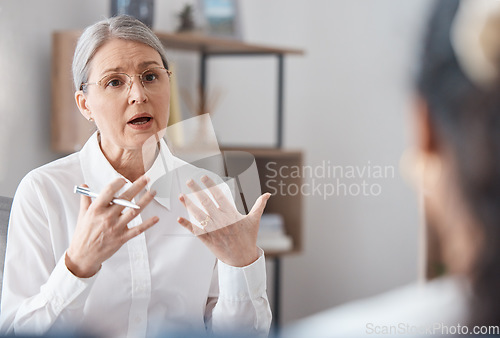 Image of Woman, therapist and consulting patient in mental health, psychology or healthcare counseling. Female person or psychologist talking to client with anxiety, stress or problems in therapy consultation