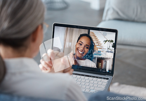 Image of Woman, laptop and video call for virtual meeting, webinar or consulting in remote work at home. Female person or consultant talking on computer in seminar for networking, therapy and communication