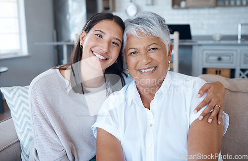 Image of Hug, sofa and portrait of elderly mother and daughter smile for care, trust and support on sofa or couch in a home. Happiness, love and women relax together in a living room or lounge on mothers day