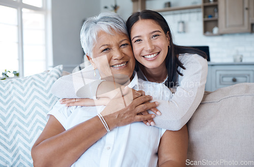 Image of Hug, sofa and portrait of women smile for care, trust and support on a couch in a home together for mothers day. Happiness, love and elderly mother and daughter relax in a living room or lounge