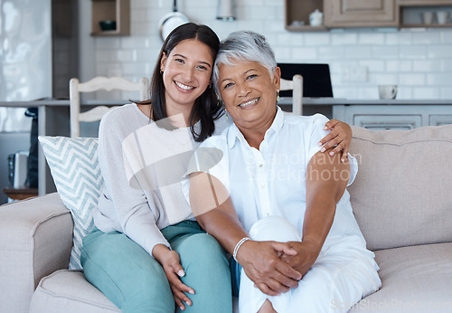 Image of Sofa, mothers day and portrait of women happy for care, trust and support couch in a home together and smile. Happiness, love and elderly mother and daughter relax in a living room or lounge