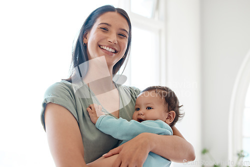 Image of Mother, baby and happy portrait in home for love, care and quality time together for trust, growth and development. Mom, infant and holding newborn girl, kid and support of happiness in nursery room