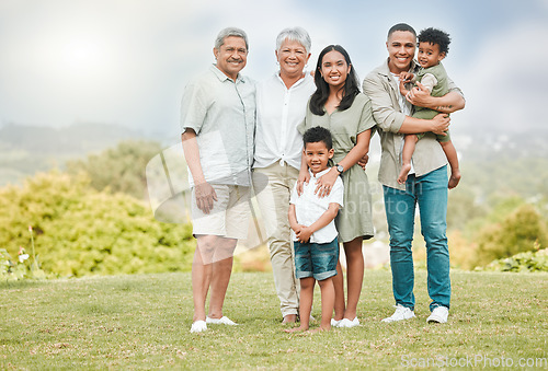 Image of Portrait, smile and family outdoor, nature and bonding with love, care and happiness on a weekend break. Face, grandparents and mother with father, kids and children outside, vacation and affection