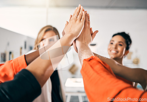 Image of High five, teamwork and business people in meeting celebration, success and collaboration for faith or goals. Solidarity, winning and happy group of women, hands together and team support in office