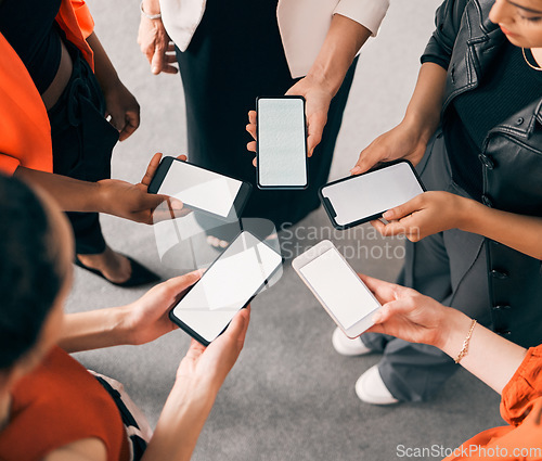 Image of Contact us, phone screen and women hands for business communication, networking and social media. Mobile app, space and group of people in circle, connection and Web 3.0 advertising mockup in office