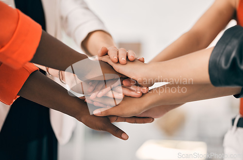 Image of Hands stacked, support and group of people with teamwork, collaboration goals and community or solidarity in zoom. Diversity women, circle and team work, faith or together sign for project or startup