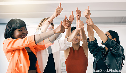 Image of Success, thumbs up and business women with teamwork, support and group hands for winning, yes and like emoji. Great, okay and diversity people or team collaboration, thanks and winner sign at office