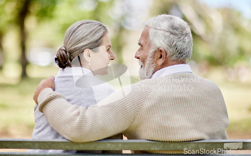 Image of Back, senior couple and hug in park with love and view of nature, retirement together and peace. Elderly man, woman and marriage with commitment, relationship and pension with trust and care outdoor