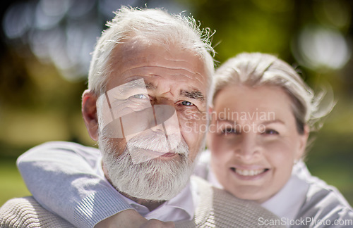 Image of Old couple hug in park with love, face and portrait with smile, retirement together with trust and support. Elderly man, woman and marriage with commitment, relationship and happy people outdoor