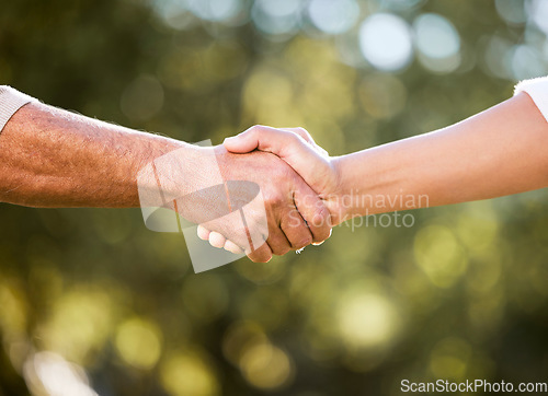 Image of B2b, handshake and business partnership outdoor with deal success, agreement and farmer meeting. Shaking hands, collaboration and agriculture employee people with greeting and thank you with bokeh