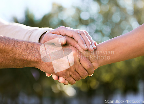 Image of B2b, handshake and sustainability business outdoor with deal success, agreement and farmer meeting. Shaking hands, collaboration and agriculture employee people with greeting and thank you with bokeh
