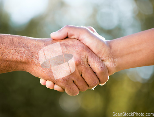 Image of Team hands, handshake and business partnership outdoor with deal success, agreement and farmer meeting. Shaking hands, collaboration and agriculture people with greeting and thank you with bokeh
