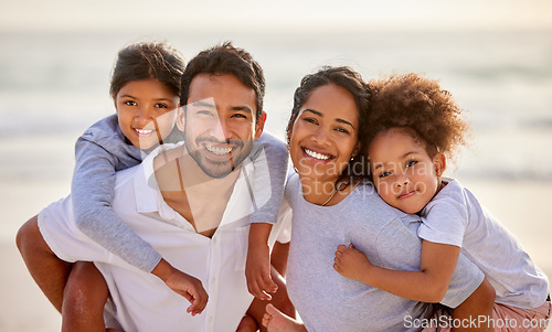 Image of Vacation, beach and portrait of parents with children excited for holiday together at the sea or ocean in summer. Love, father and mother smile with kids relax, care and travel for an adventure