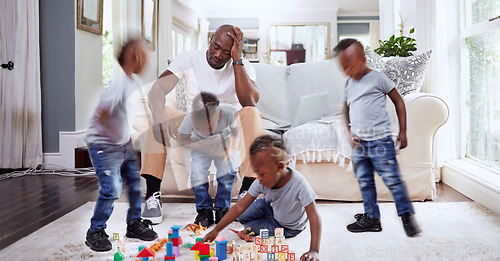 Image of Headache, child and father on a sofa with chaos, stress and son living with adhd in their home. Single parent, anxiety and black man with migraine from boy with autism, noise or high energy in lounge