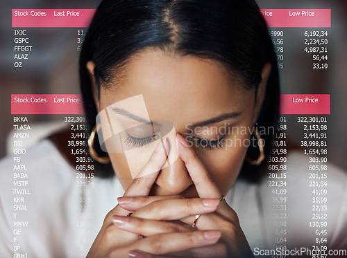 Image of Woman, stress and stock market crash on dashboard with code and report for data analysis. Face of female broker with digital overlay for stocks, trading and anxiety for investment fail or crisis