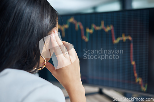 Image of Business woman, stress and computer graphs on dashboard screen for data analysis report. Back of female broker at pc for SEO, trading and anxiety for fail, stock market crash or crisis problem