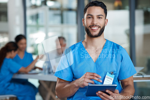 Image of Hospital, doctor and portrait of man on tablet for medical analysis, research and report in meeting. Healthcare, clinic and male nurse on digital tech for wellness app, online consulting and service