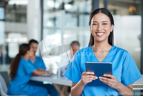 Image of Hospital, doctor and portrait of woman on tablet for medical analysis, research and internet. Healthcare, clinic and happy female nurse on digital tech for wellness app, online consulting and service