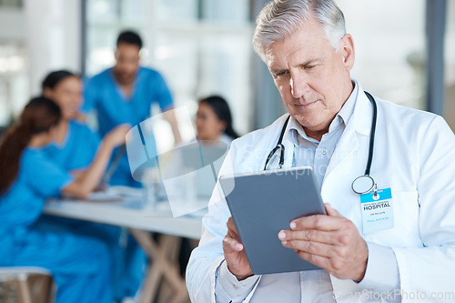 Image of Meeting, doctor and senior man with tablet for medical analysis, research and report in hospital. Healthcare, clinic and male worker on digital tech for wellness app, online consulting and service