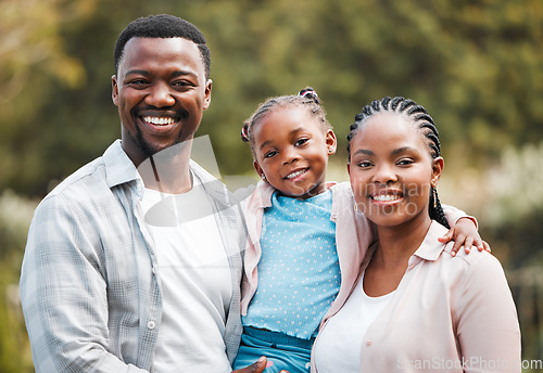 Image of Smile, portrait and black family outdoor, hug and happiness with bonding, park and loving together. Face, happy mother and father with female kid, daughter and girl embrace parents, backyard and love