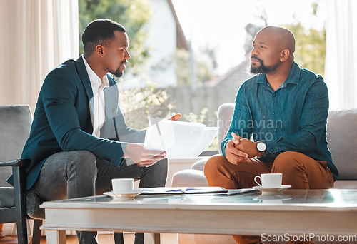 Image of Financial advisor, document and man in a house with a client for meeting or consultation for advice. Professional broker with a male person to explain investment, savings plan or budget and insurance