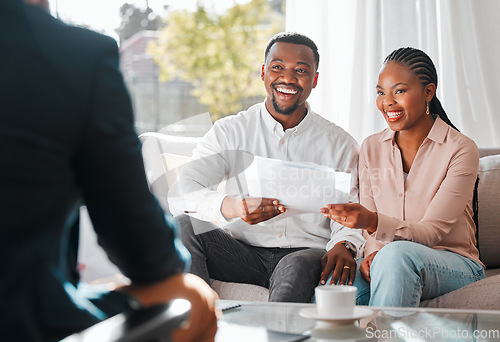 Image of Broker, couple and contract paper in a house while in meeting or consultation for mortgage advice. Financial advisor with a happy black man and woman for investment, savings plan and insurance