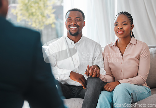 Image of Broker, couple and talking in a house for a meeting or consultation for mortgage advice. Financial advisor with a happy black man and woman to explain investment, savings plan or budget and insurance