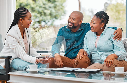 Image of Planning, married couple with financial advisor and documents in living room of a home. Paperwork or budget, investment and female accountant with people in a meeting sitting on furniture together