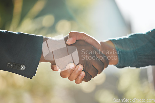 Image of Thank you, men shaking hands for agreement and networking with a lens flare. Welcoming or partnership. job promotion or deal for business and people together with handshake for greeting or hired