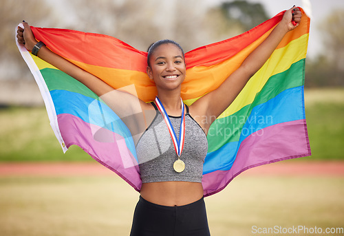 Image of Rainbow flag, pride and portrait of a woman outdoor after winning a race, marathon or competition. Happy, smile and lesbian female athlete with lgbtq fabric for gay rights, equality or celebration.