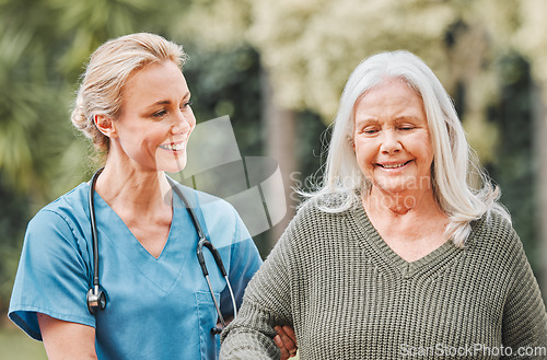 Image of Support, smile and nurse walking elderly woman in a garden to relax, wellness and morning exercise in the lawn. Trust, nursing home and caregiver help senior person smile and happy for outdoor walk