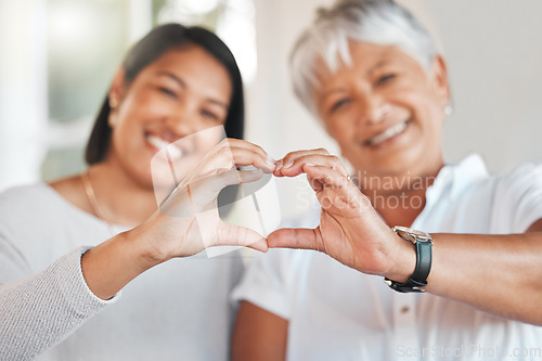 Image of Portrait, heart hands and senior mother and daughter with care, affection or empathy. Love, hand gesture or elderly mom with woman for support, trust and emoji, mothersday or kindness, hope or family