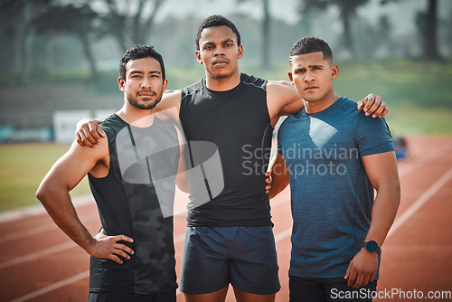 Image of Portrait, team and athlete men on race track with teamwork outdoor for running, sports or workout. Stadium, fitness group and serious people, friends and face of runners, support and collaboration.