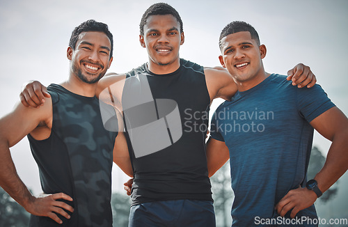 Image of Portrait, team smile and athlete men outdoor with teamwork for running, sports or workout. Nature, fitness group and face of people, friends and runners with support, solidarity and collaboration.