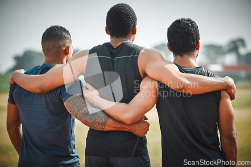 Image of Back, group hug and athlete men with teamwork outdoor for running, sports or workout. Collaboration, hugging and rear view of people, friends and runners for fitness, support and exercise together.