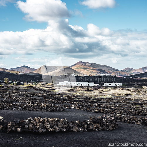 Image of Traditional white houses in black volcanic landscape of La Geria wine growing region with view of Timanfaya National Park in Lanzarote. Touristic attraction in Lanzarote island, Canary Islands, Spain.